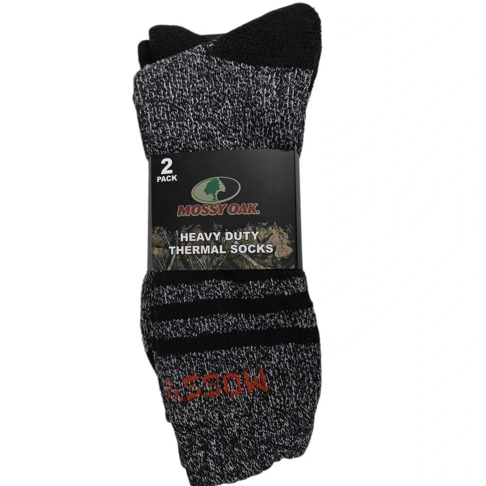 Mossy Oak Heavy Duty Thermal Socks Mens Black Gray 2 Pack Shoe‎ Size 6-12.5 NWT